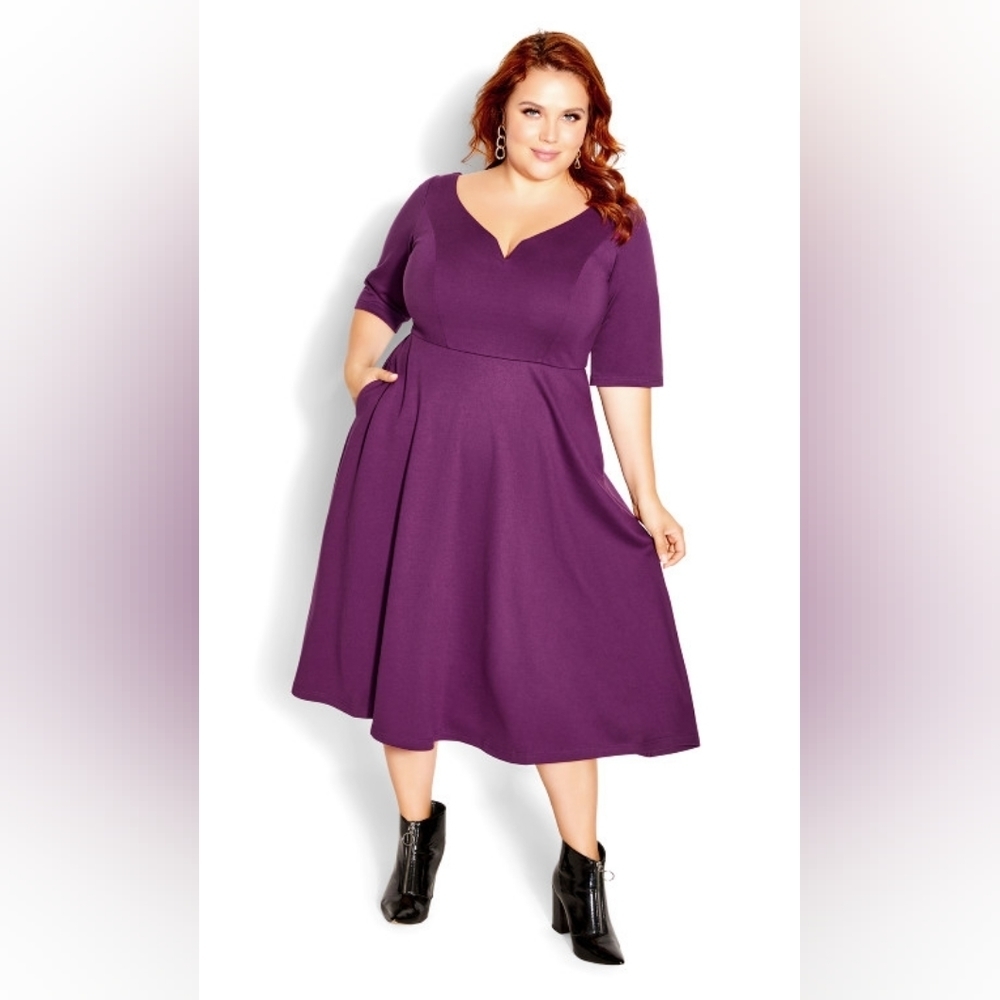 NWT City Chic Plum Cute Elbow Sleeve Fit & Flare Midi Dress Size 24